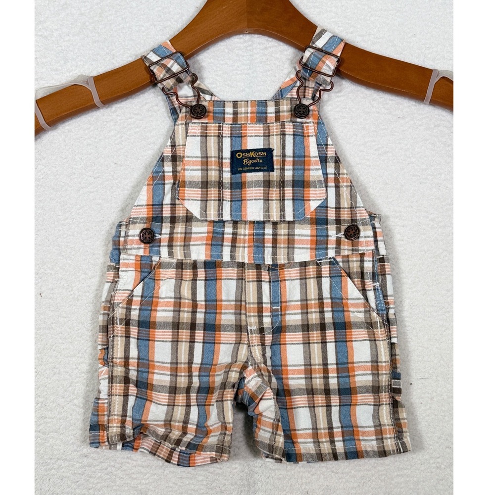 OshKosh B'gosh Baby Boy Plaid Shortall Overalls Size 6 Months Orange Blue Cotton